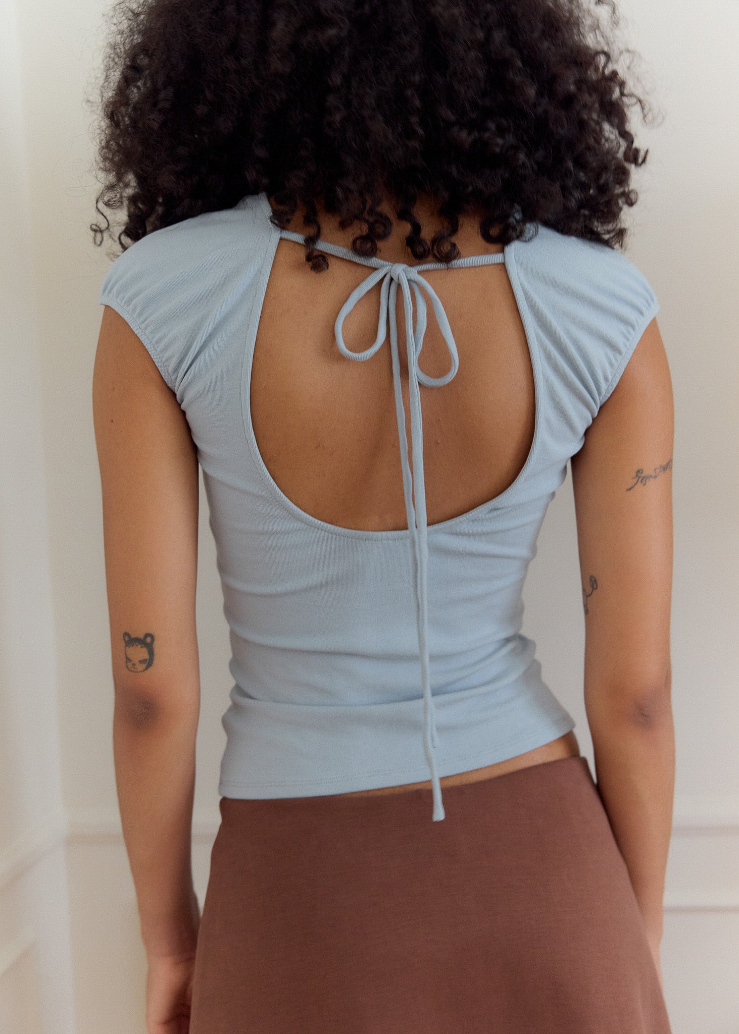 soft knit top, open back top, tie back top