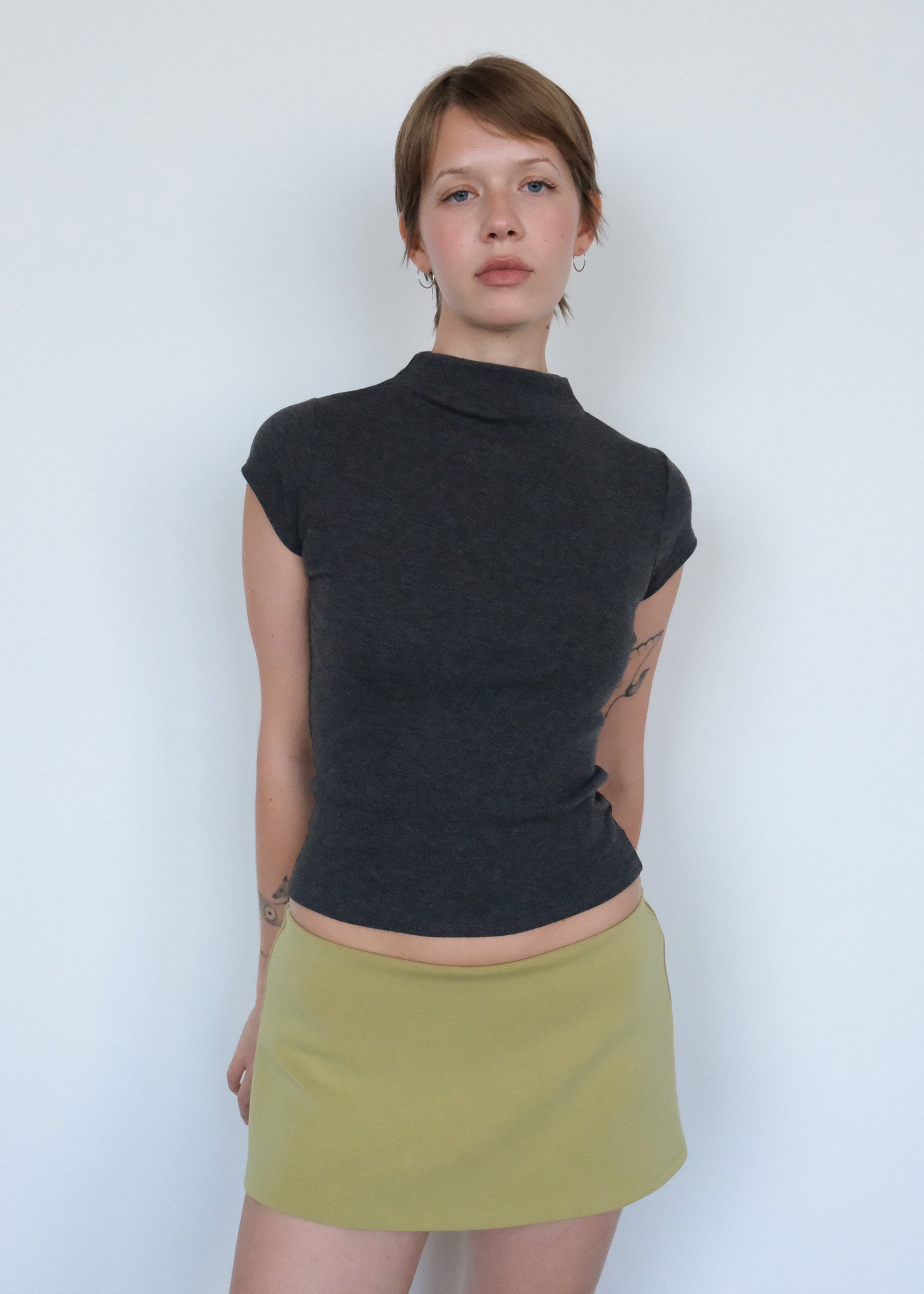 Gem Tee, cierra o'day, charcoal tee, mock neck tee, fitted tee, work top